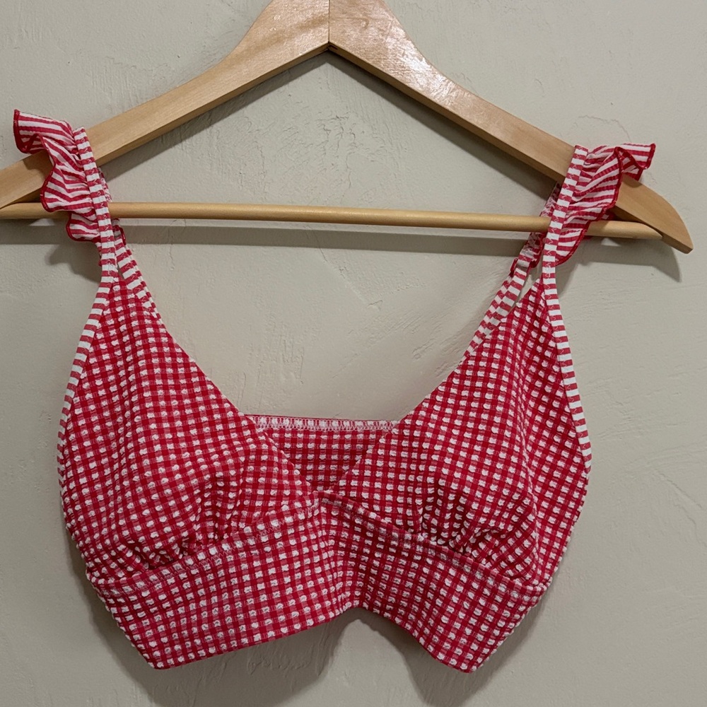 Red Gingham Bikini Top with Ruffle Straps. NWT